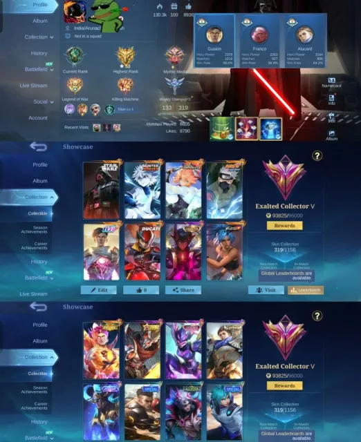 🌌 Argus Star Wars 🌸 Fanny Aspirants 👑 Dyrroth Collector ⚡ Harith Killua 🥷 Hayabusa Kakashi, Продажа, Ранг: Мифическая слава, Уровень: 94, Процент перемог: 70%, Герої: 133, Облики: 319