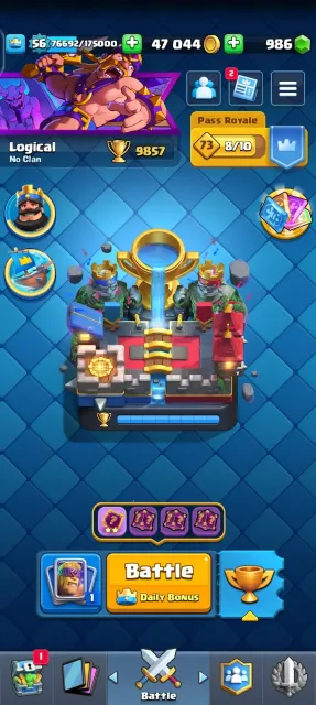 👑KT 15 •⚜️LV 56 • 🧬7 Evolution/65 Lv14/6 Lv15🏆 9850 Trophies • 🃏 120/121Cards• 💎 980 Gems •, 24 арена, 56 уровень, 9850 кубков, 120 карт, Есть