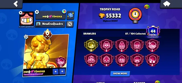 Account Brawl Stars, trophies 55332, brawlers 87, primes 44