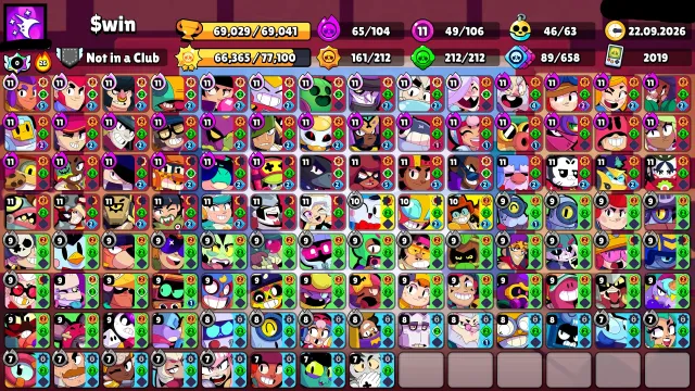 🏆69000🏆⚔️49x11 POWER⚔️💵OLD BP💵💬CUP WITH DIZ💬🩸BAD BOY BUZZ🩸🎁PENNY'S ASSISTANT🎁🌊SURFER CARL🌊, 69029 trophies, 106 brawlers, 23 primes
