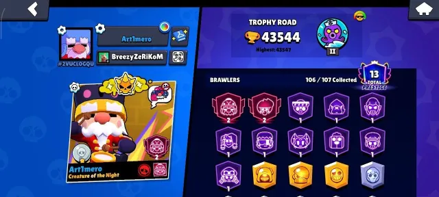 24/7 online, 43000 trophies, 106 brawlers, 13 primes