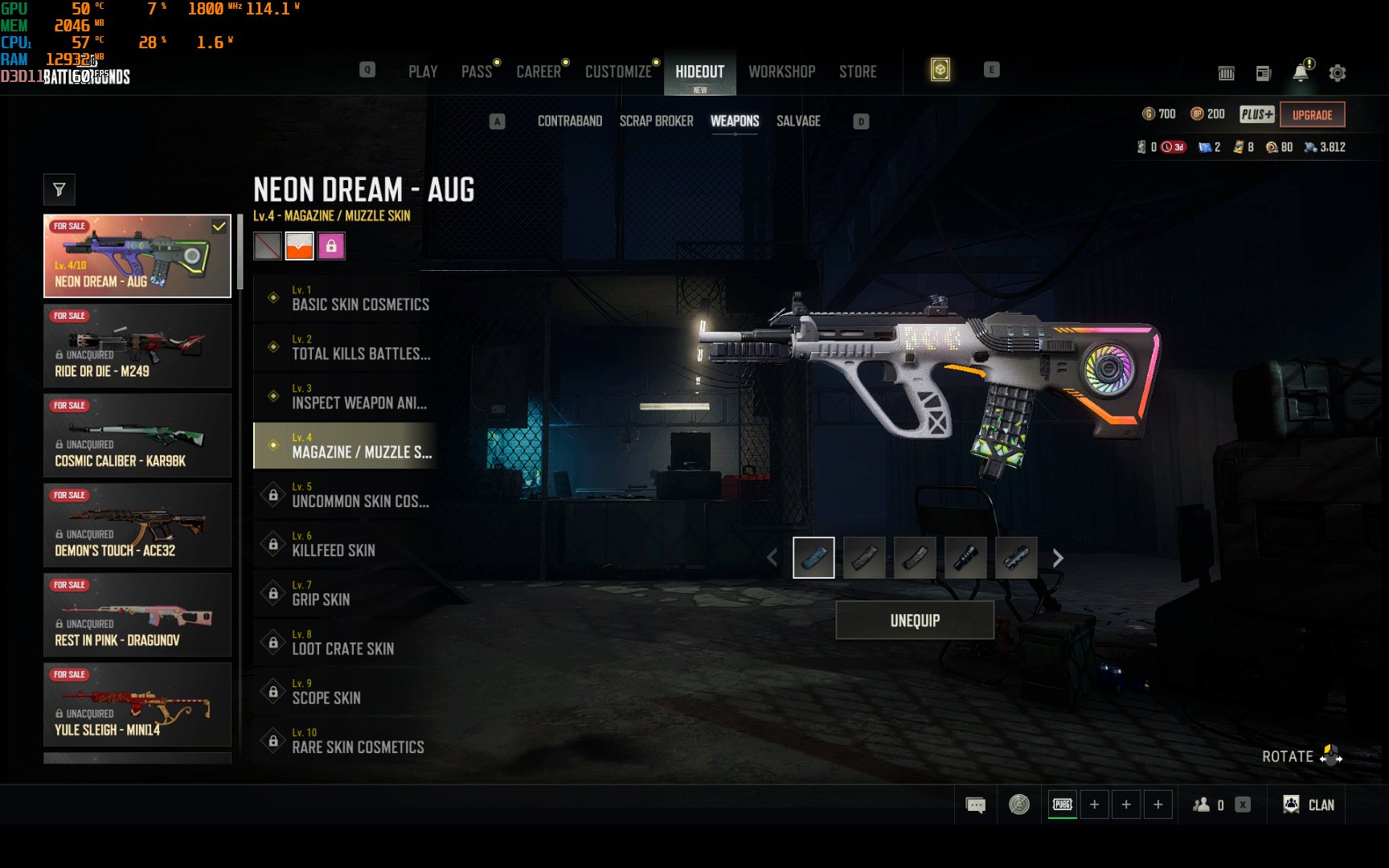 🔫 AUG NEON DREAM LV 4 (WHITE ORANGE CHROMA) + 97K CREDITS + EASPA DANCE PACKS, No BATTLEGROUNDS Plus