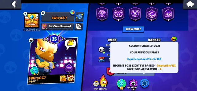 🏆54209🏆【🎴 104 FIGHTER(13 LEG+KAJE+SIRIUS) 🎴】【⚡25-11 POWER (23 HYPER)⚡】【😎 OLD ACC 2021😎】【👑TOP SKINS👑】, trophies 54209, brawlers 104, primes 25