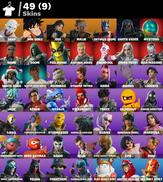 👕 49 скинов 🎮 923 Уровень 💰 100 V-bucks 💰 Snap | Son Goku | Era | Malik | Optimus Prime | Darth, Продажа, скины 49