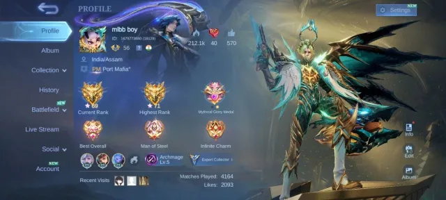 🔥Prime granger collector Natalia EPIC Harley EPIC valir EPIC Kagura EPIC Nolan emblem Max, Sale, Rank: Mythic, Level: 56, Winrate: 54%, Heroes: 95, Skins: 163