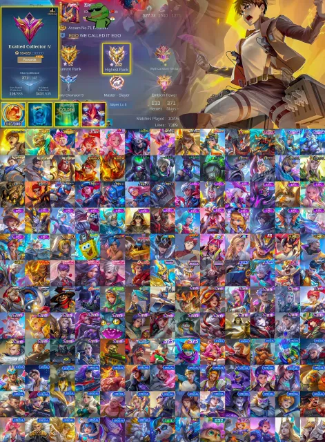🏆 Exalted 4 ⭐ 232 Stars 💎 141 Legendary Coins ⚔️ Yin Attack on Titan 🎯 Granger Prime ✨ Claude Prime, Продажа, Ранг: Мифический Бессмертный, Уровень: 99, Процент побед: 70%, Герои: 133, Облики: 371
