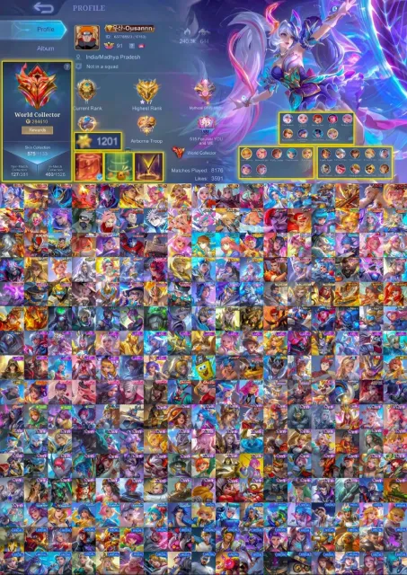Girly id Layla Lesley and floryn semi set world collector available for sell., Sale, Rank: Legend, Level: 91, Winrate: 50%, Heroes: 133, Skins: 575