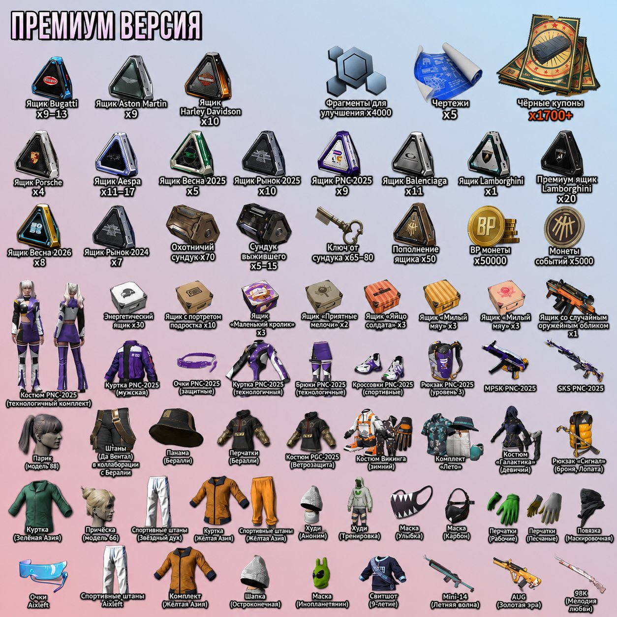 🎫1,700+ Coupons 📦300+ Chests 💰50,000 BP 🔑65–80 Keys 👕Skins 🗺️5 Blueprints, No BATTLEGROUNDS Plus