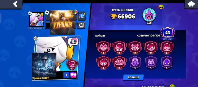 66906 trophies/legendary/43 prime/free nickname change, 66906 trophies, 106 brawlers, 43 primes
