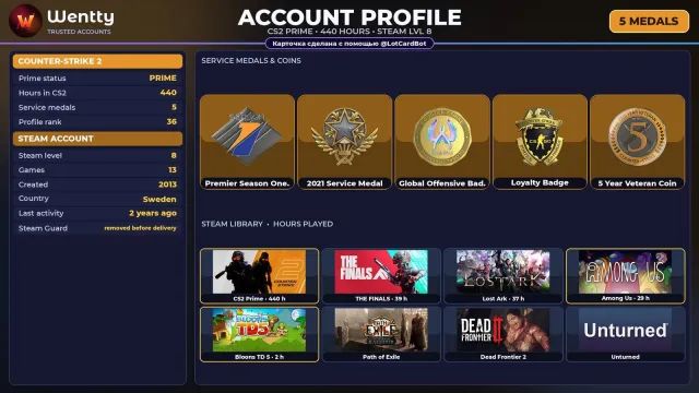🔥 [CS2 PRIME] +5 RARE MEDALS: PREMIER S1 — 2013 | +2 GAMES | FULL ACCESS #4B4S7N, Sale, Inventory empty, PRIME available