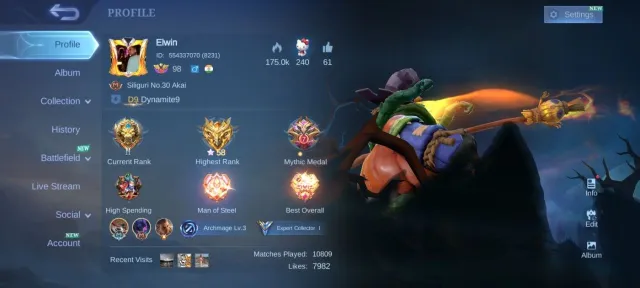 collector Natalia EPIC Carmila Irthil Moskov Karrie Gatokacka Hero emblem Max, Sale, Rank: Mythic, Level: 98, Winrate: 45%, Heroes: 130, Skins: 217