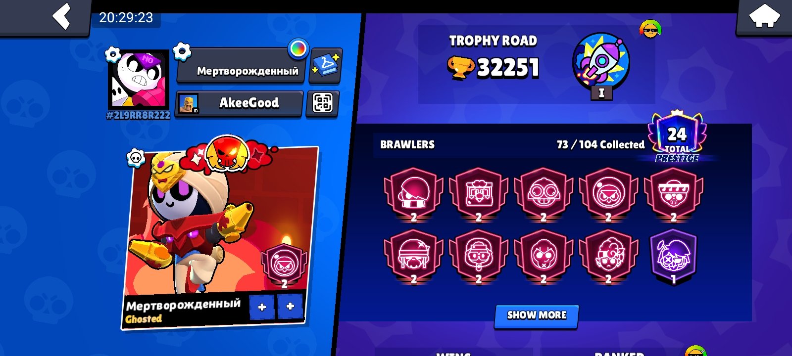 good account with start playing, trophies 32000, brawlers 73, primes 24