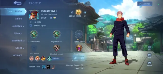 Yuji Itadori Yin JJK, Dual account, Premium star card, Global 🔥, Sale, Rank: Epic, Level: 20, Win rate: 91%, Heroes: 29, Skins: 22