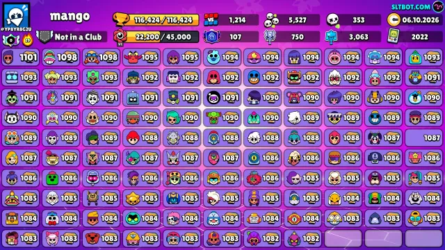 🏆116K🏆⭐️107PRIMES🟡15K Coins💎334 Crystals💎✨44K BLINGS, 116424 trophies, 107 brawlers, 107 primes