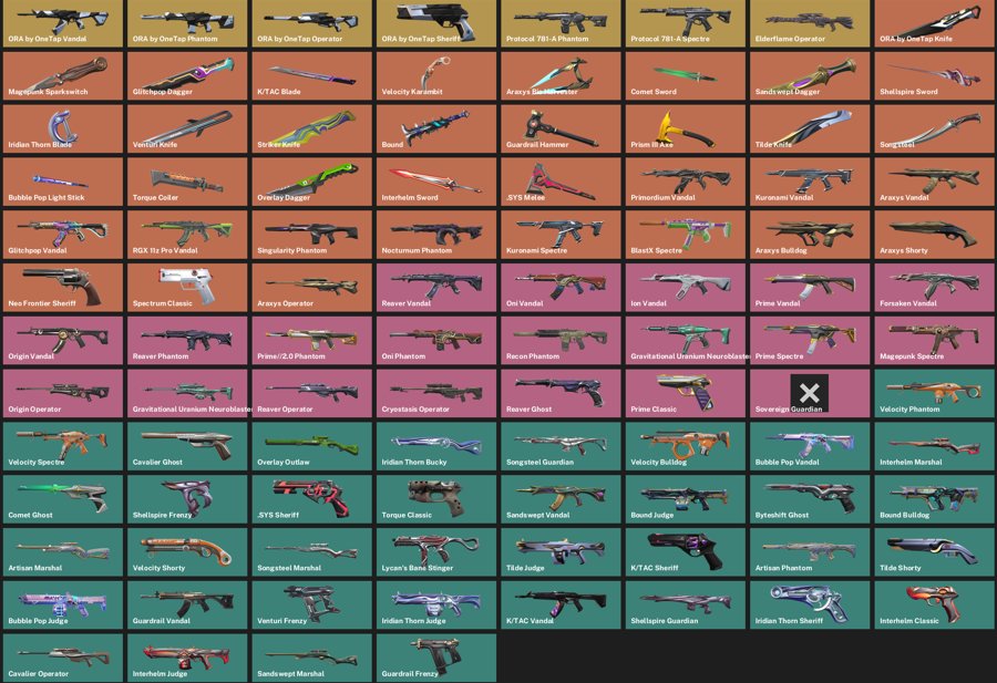 105k VP donation 22KNIFE 41TOP SKIN FULL COLLECTION ORA from OneTap Protocol 781 A Spark Charopunk, Sale, Ranked unlocked, Agents: 28, Skins: 320