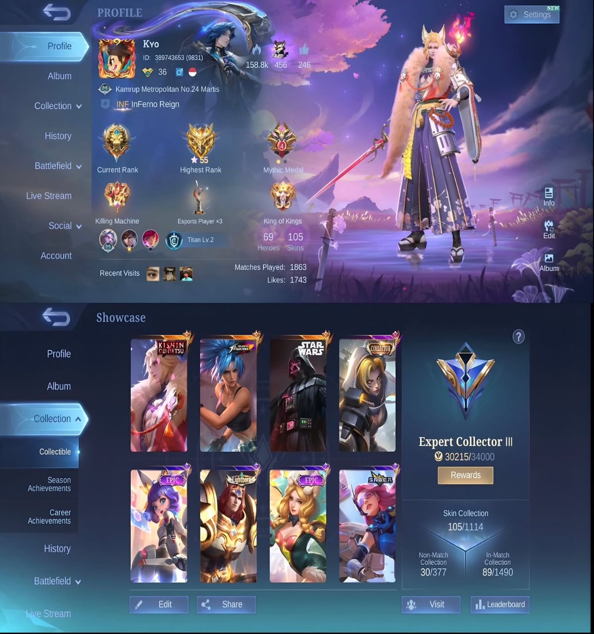 All gus skins exept minato, daning lance, aot funny, asp ruby, kof chou and darius, Sale, Rank: Mythic, Level: 60, Winrate: 55%, Heroes: 90, Skins: 105
