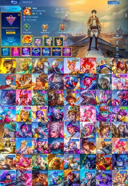 Attack on Titan Yin Eren, Prime Granger, Mystic Meow, P.ACE, Global 🔥, Sale, Rank: Mythic, Level: 77, Win Rate: 47%, Heroes: 100, Skins: 176