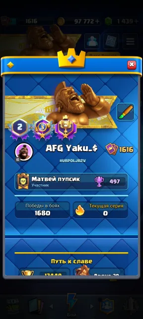 13 Эво, 6 героизмов !жирный акк! ВОЗМОЖЕН ТОГР, 29 арена, 1617 уровень, 12500 кубков, 123 карт, Есть