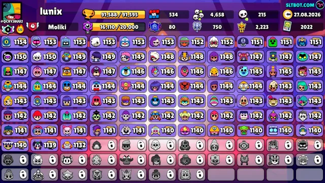 🏆91𝐊🏆⭐️80ПРАЙМОВ 🟡98𝐊 монет🟡💎180Кристалла💎✨32К БЛИНГОВ, 91588 кубков, 80 бравлеров, 80 праймов