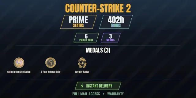 【CS2 Prime💠402h💎3 medals】 Loyalty badge, 5-year veteran coin, Global Offensive badge, Sale, With inventory, Has PRIME
