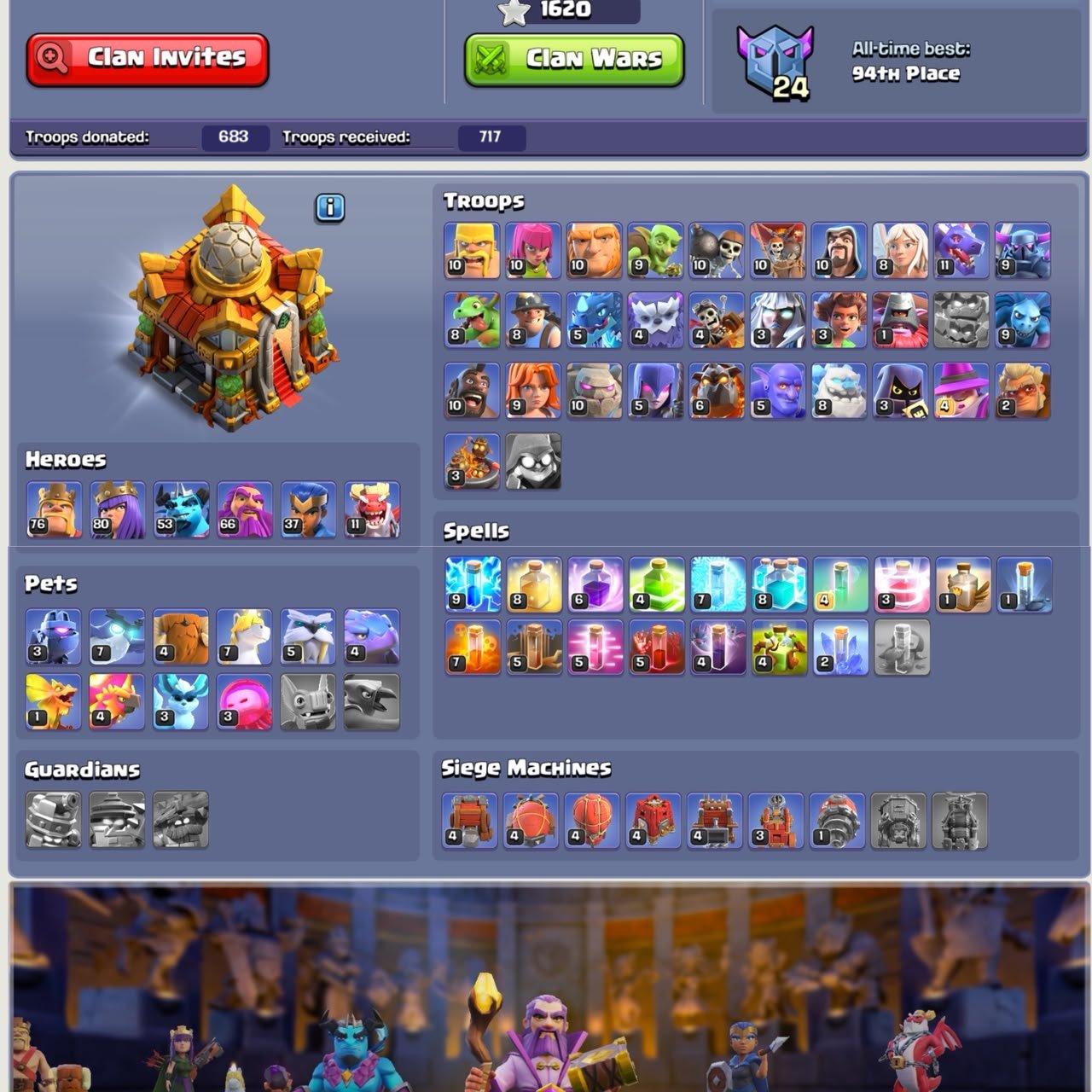 ✪ TH 16 Near Max ✪ 800 CWL Medals ✪ 76-80-53-66-37-11 ✪ 8x Epic High Level ✪ Lots of Magic Items ✪, 16 TH Main Village, 10 TH Builder