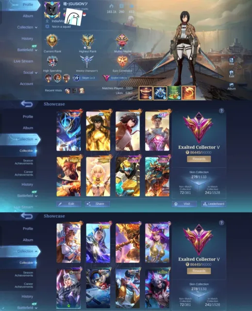 👑 Gusion Legend ♎ Chou Golden Libra ⚔️ Fanny AOT 🎭 Gusion 11.11 👑 Beatrix Prime, Sale, Rank: Mythic, Level: 71, Winrate: 100%, Heroes: 133, Skins: 278