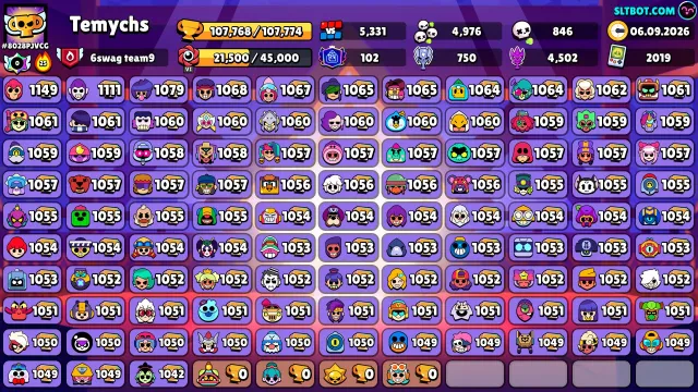 🏆107K🏆⭐️102PRIMES🟡34K Coins🟡💎160 Crystals💎✨27K BLINGS, 107768 trophies, 106 brawlers, 102 primes