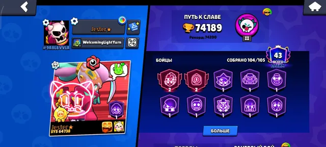 Personal account with 74189 trophies. Playing since 2019. Almost all brawlers, many level 11s., 74189 trophies, 104 brawlers, 43 primes