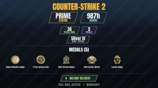 CS2 Prime🏆987h🎮5 medals Medal for Service 2018, Medal for Service 2022, Loyalty Badge, 5 Year, Sale, With inventory, Has PRIME