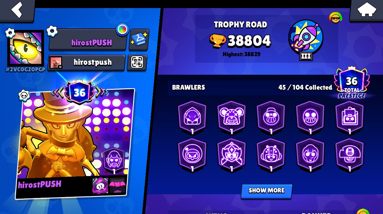🏆38804🟡36 PRIME⚜️36K COINS🟡178 GEMS💛 REBINDING⚡ Detailed description, trophies 38804, brawlers 45, primes 36
