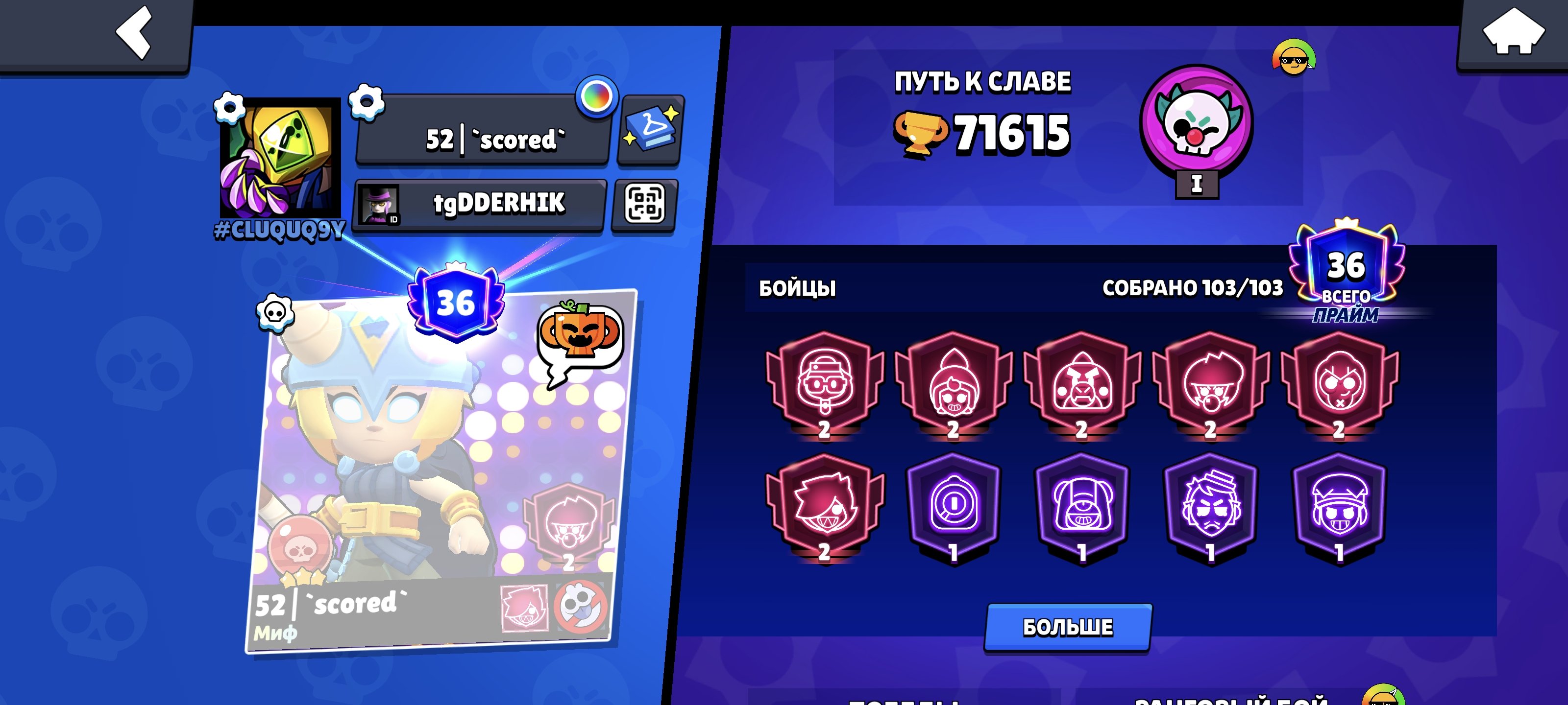 Donate account with good leveling and skins, trophies 70000, brawlers 101, primes 35