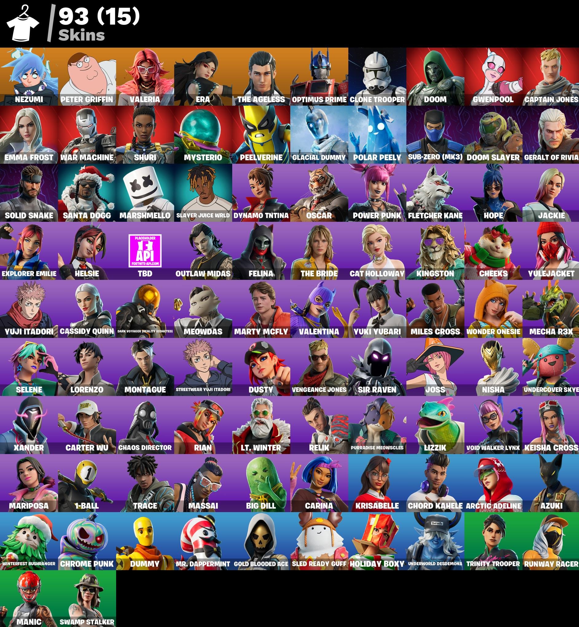 🎮 Level 1759 💰 100 V-bucks 👕 93 skins Nezumi | Peter Griffin | Valeria | Era | The Ageless | Optimus, Sale, skins 93
