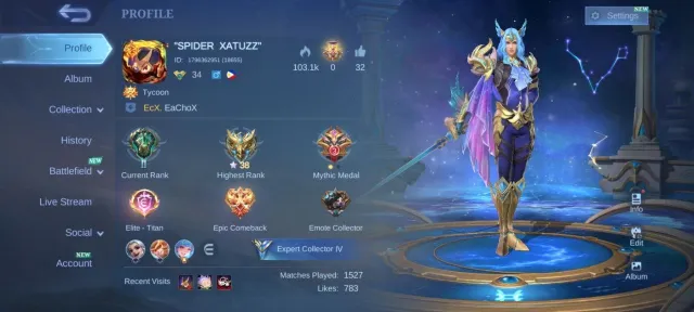 abyssal Recall>KOF Karina Epic GUSION Epic Uranus Epic Roger Gaara Vale>3 emblem max, Продажа, Ранг: Мифический, Уровень: 34, Процент побед: 50%, Герои: 71, Облики: 121