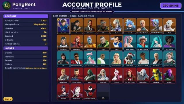 🦄 【FORTNITE】 🌸 Chun-Li, Blizzard Bomber, John Wick, Nezumi 🌸 270 skór | 1373 lvl | 100 V-Bucks, Sprzedaż, skór 270