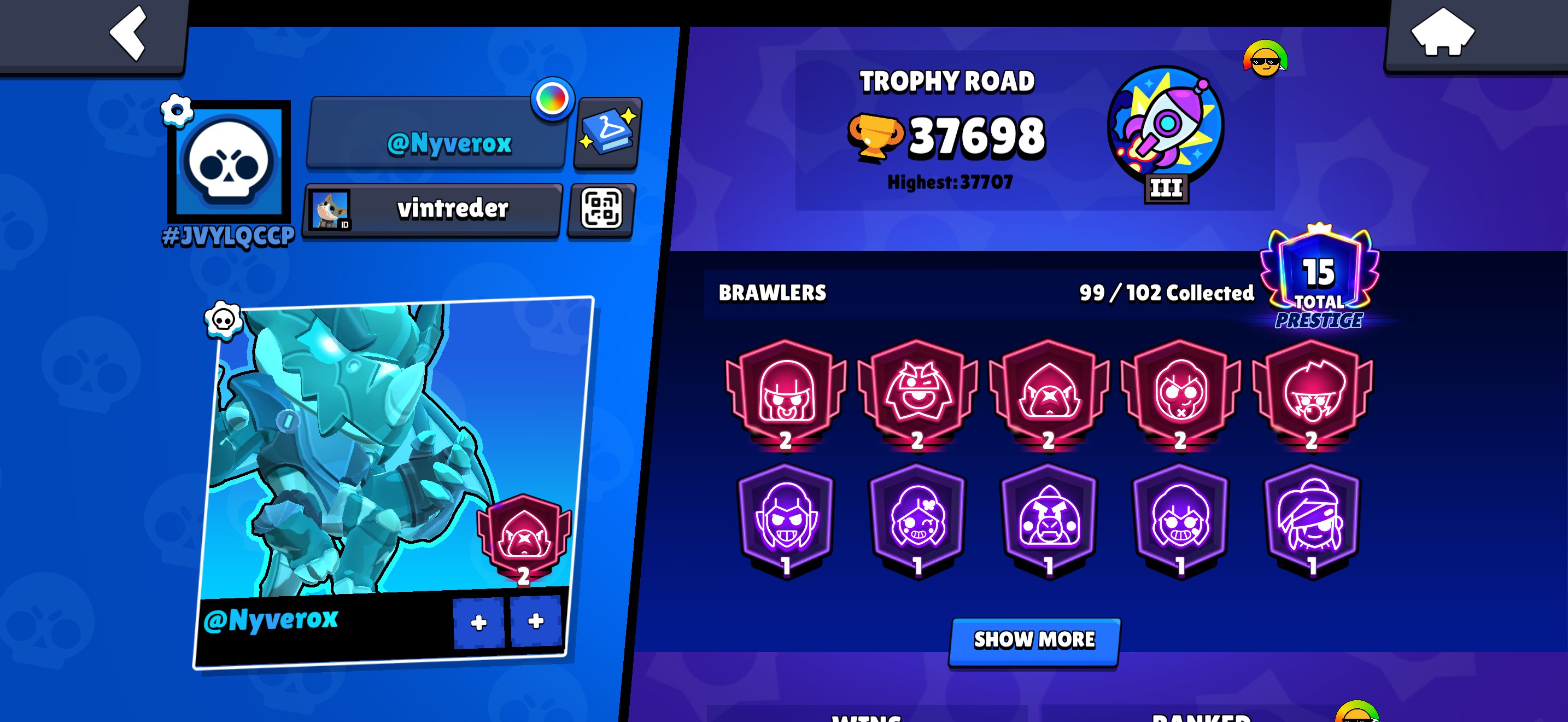 508 gems | 33 lvl 11 | 55 hypers | 7 bp+ | pro pass | rebinding, trophies 38225, brawlers 103