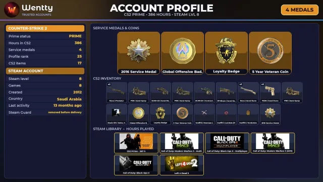 🔥 [CS2 PRIME] +4 RARE MEDALS: SERVICE 2016 · GO — 2012 | +5 GAMES | FULL ACCESS #41WA6F, Sale, With inventory, Has PRIME