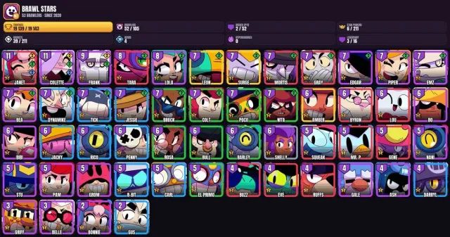 52 brawlers 💎 2 max 🎯 19.1K trophies💎Amber💎Volt💎Leon💎Janet💎Colette💎Tara💎Lola💎Piper, 19139 trophies, 52 brawlers