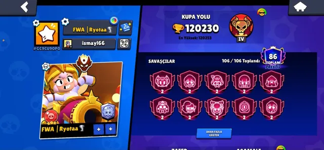 120K🏆 106🫂 86 Prime🌸 Sweet price✨, 120000 trophies, 106 brawlers, 86 primes