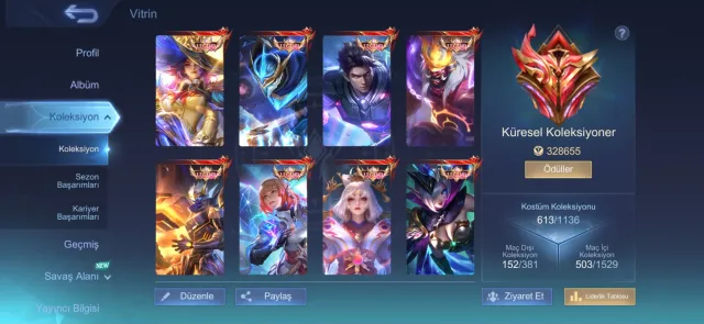 Amazing Global Account with Single Link: 613 Costumes & 9 Legendary Skins, Продажа, Ранг: Легенда, Уровень: 136, Процент побед: 52%, Герои: 140, Облики: 613
