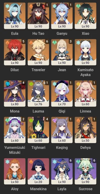Account rank 60 many constellations and leg. But I can negotiate with you, Any platform, Email linked, Lumine, Levelled up, AR 60, Event 103, Standard 10, Primogems 9000
