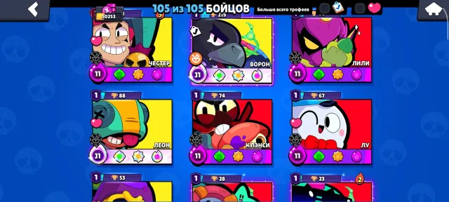 Account created in 2022; includes all Brawlers and a collection of skins: 15 🟡, 22 🔴, and 105 🟣., trophies 50253, brawlers 105, primes 22