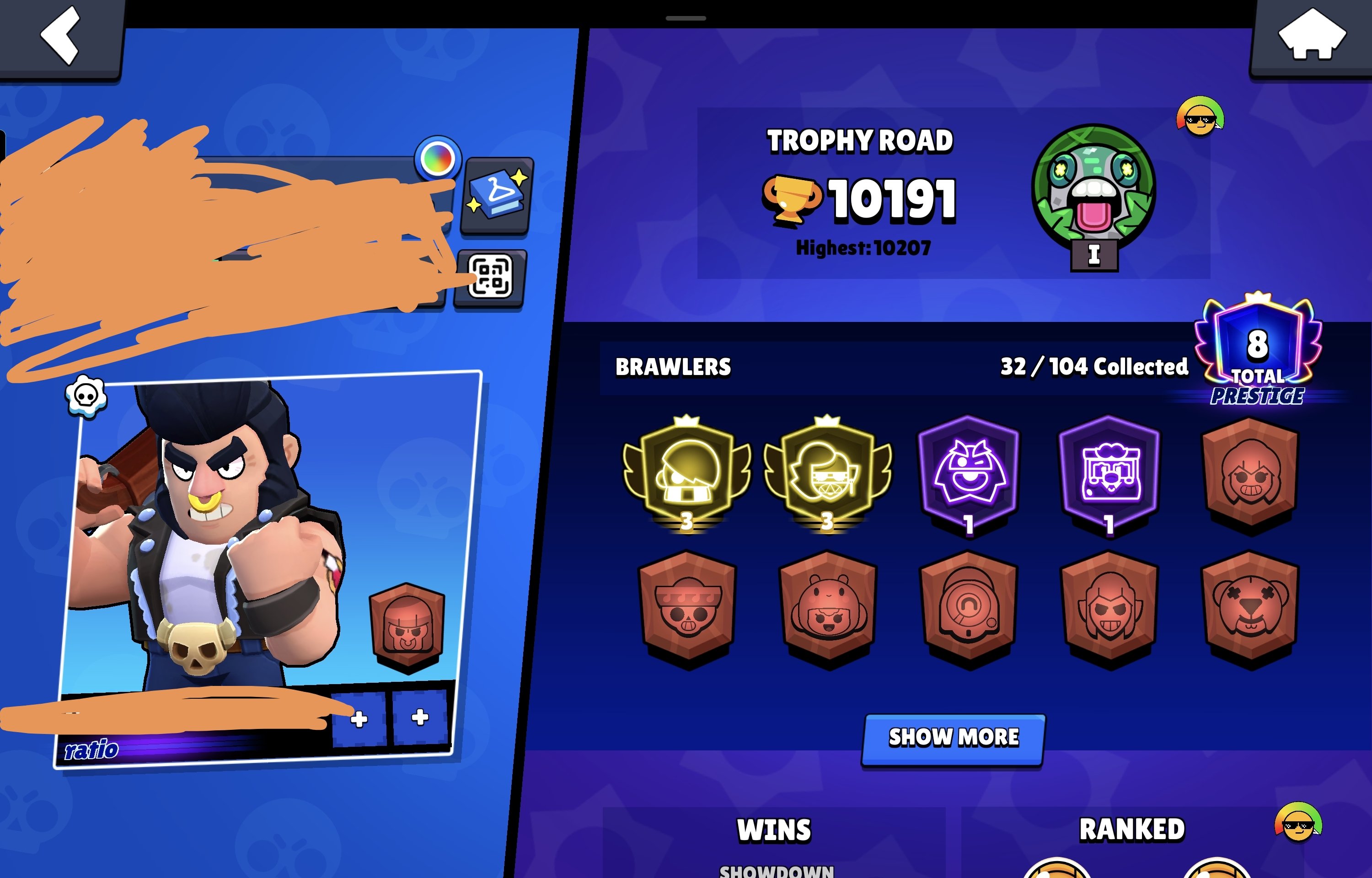 ALMOST PRIME 4. 3700 EDGAR. PRIME 3 EMZ, trophies 10000, brawlers 32, primes 8