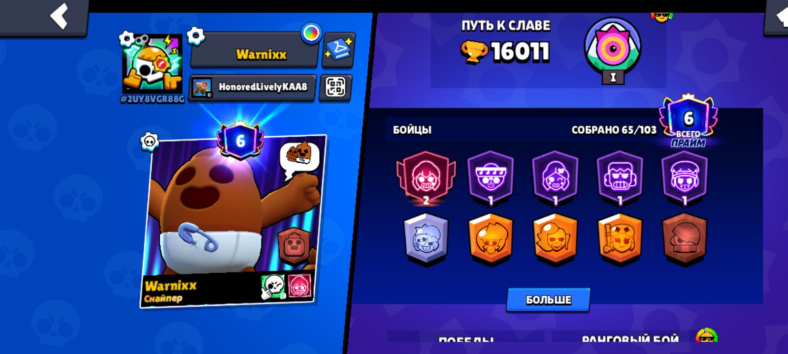 TOP ACCOUNT, CHECK DESCRIPTION, trophies 16011, brawlers 65, primes 6