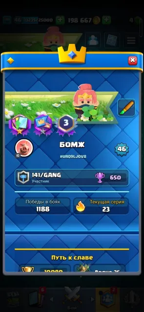 🌠11 EVO🌠【🏆10988🏆】【🃏121/21🃏】【😜57 EMOJIS😜】[5 TOWERS] [🥇200K COINS🥇] [💎4 GEMS💎], 26 arena, 46 level, 10988 trophies, 121 cards, 21 leg, No