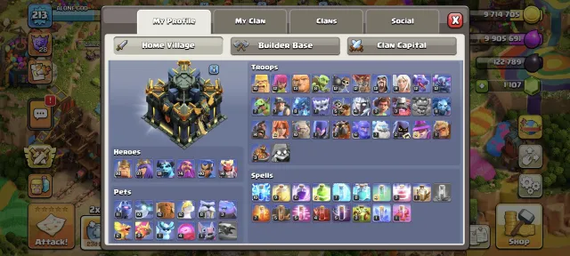 🏰 TH17 👑 Heroes 98/97/74/40/81/14💎 90% max 🌸 9 skins ⭐ 21 epic gear, 17 TH Home Village, 9 TH Builder