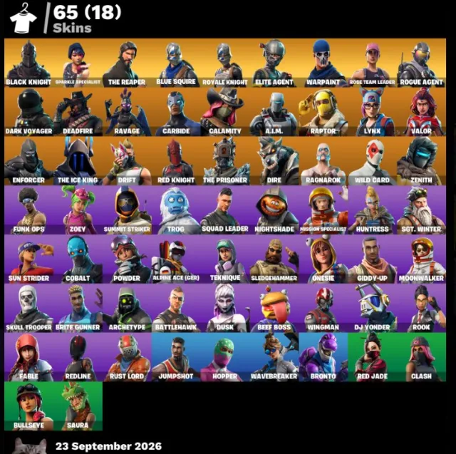 💜65 skins💜| OG STW |🎩 Chevalier Noir🎩| Spécialiste Étincelant |Le Faucheur | Écuyer Bleu | Chevalier Royal |, Vente, skins 65