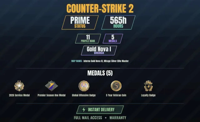 CS2 Prime💎565h🎯5 medals Medal for Service 2026, Premier Medal, season 1, Loyalty Badge, 5 Year, Sale, With inventory, Has PRIME