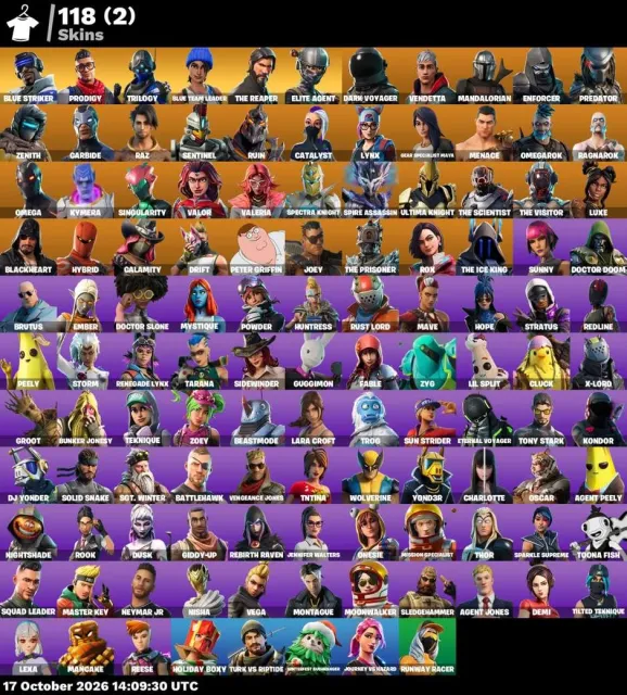 ⚡ 【FORTNITE】 💎 Lara Croft, Take The L, Elite Agent, The Reaper 💎 118 skin | 1324 seviye | 900 V-Bucks, Satış, skinler 118