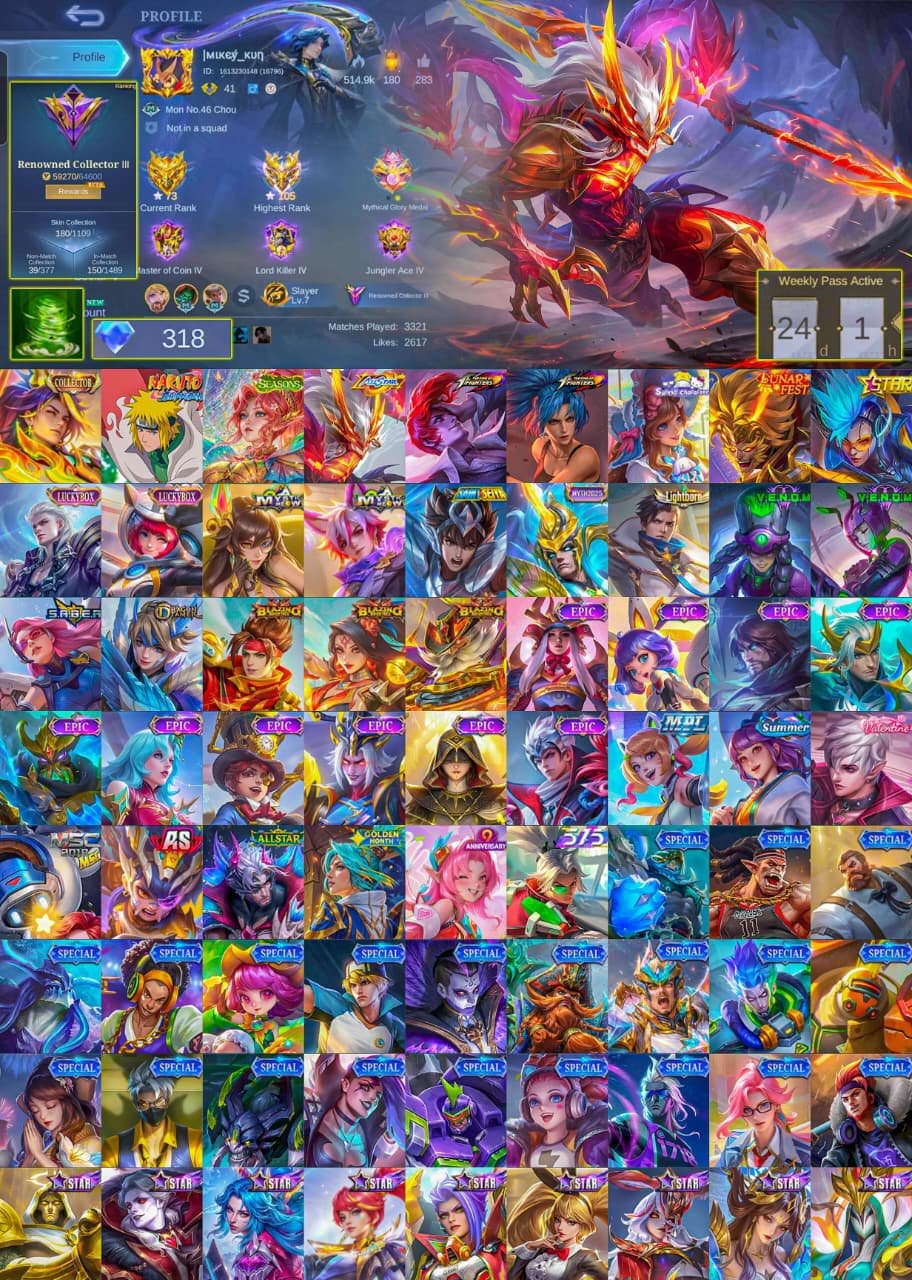 🟨✖️🟨【GUARANTEE】COLLECTOR ARLOTT🟡🔴MINATO🟡🔴SEASON MIYA🟡🔴KOF CHOOU🟡🔴ALLSTAR MOSCOW, Sale, Rank: Epic, Level: 41, Winrate: 51%, Heroes: 81, Skins: 180