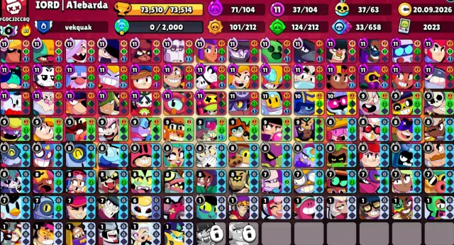 👑73К✨104/106🏆37 11 СИЛ🛡️ЛЕГЕНДАРНАЯ ЛИГА🐙СКВИДВОРТИС👾МИСТЕР ТИКС🧽ЭЛЬ ГУБКА🪙20К МОНЕТ🤖АВТОВЫДАЧ, 73150 кубков, 104 бравлеров, 45 праймов